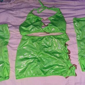 Lime Green Gold Chain Detail Top & Thumbhole Sleeves Rave Party Sexy Lingerie